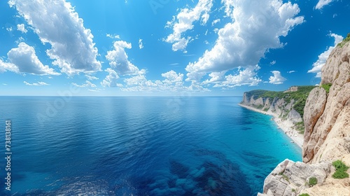 Rocky cliff coast panorama with beautiful blue sea and white clouds in 4k resolution photo