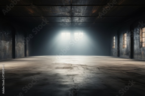 An empty warehouse with two bright windows