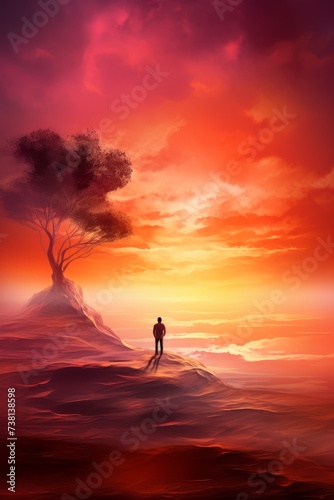 Lonely Man Standing on a Cliff Overlooking a Red Ocean