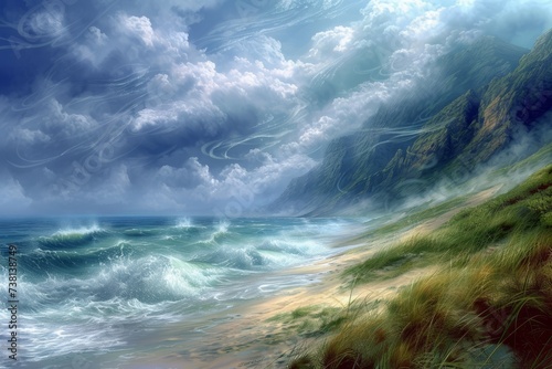 Beach and mountain landscape with stormy sea