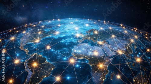 Earth from space showing the lights of cities and a network of connections