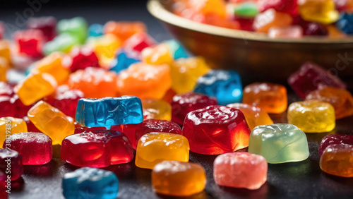 Beautiful advertising photo, multi-colored transparent marmalades scattered on the table. Delicious jelly sweets, sugar.