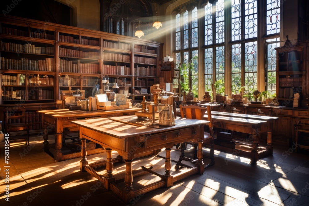Sunlight shining through the stained glass windows of a library