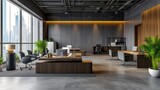 Modern office interior with large windows and dark wood accents