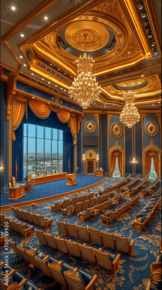 Obraz premium Empty conference room with blue and gold interior design