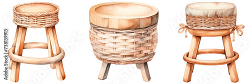 Set of Watercolor stool in basket look boho style, neutral colors, isolated on transparent background