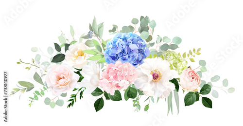 Blue, pink, green hydrangea flowers, white peony, salal, emerald greenery and eucalyptus wedding vector bouquet photo