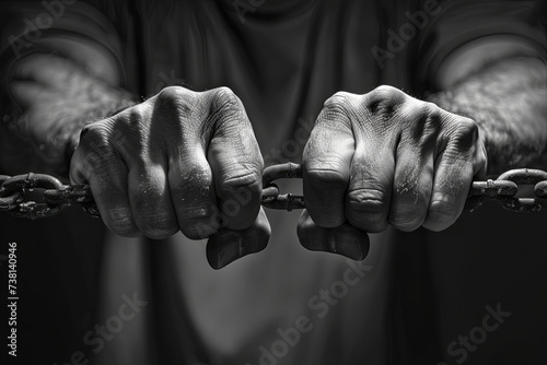 Monochrome image of hands pulling an old lock and chain