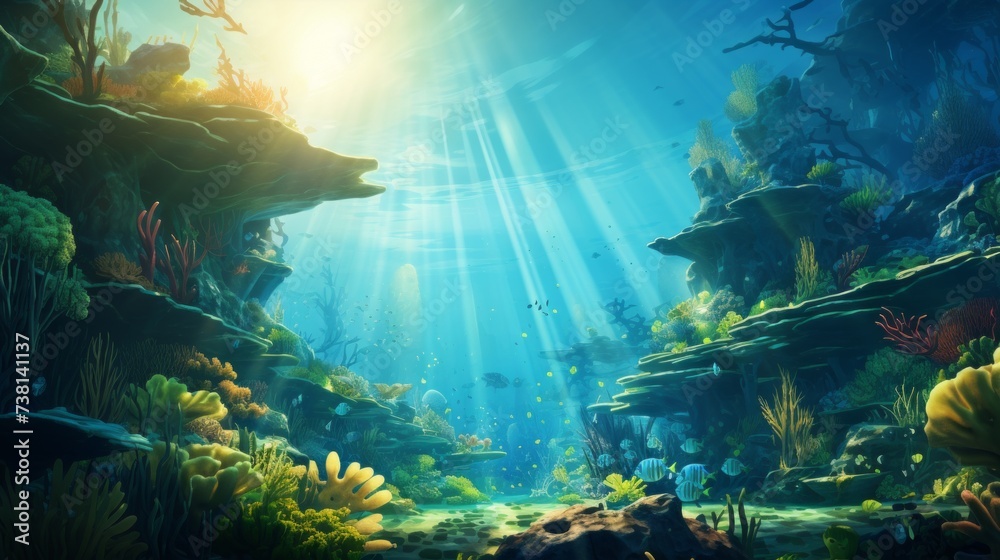 Obraz premium Underwater coral reef scene with various species of fish swimming around