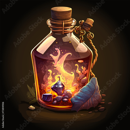 Game potion. Cartoon elixir in a glass flask with a wooden stopper. Vector illustration