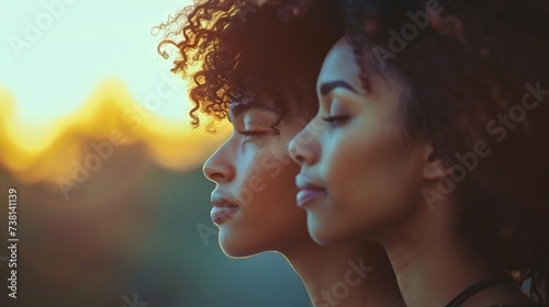 Silhouettes of two women with curly hair against a sunset background. Concept: calm and harmony, meditation and spiritual development, the power of female aura and energy