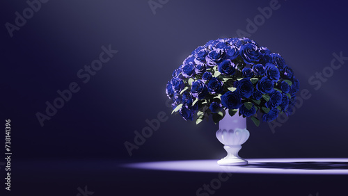 A 3D-rendered bouquet of violet-blue roses in a white ceramic vase rests on a dark purple background with volumetric lighting