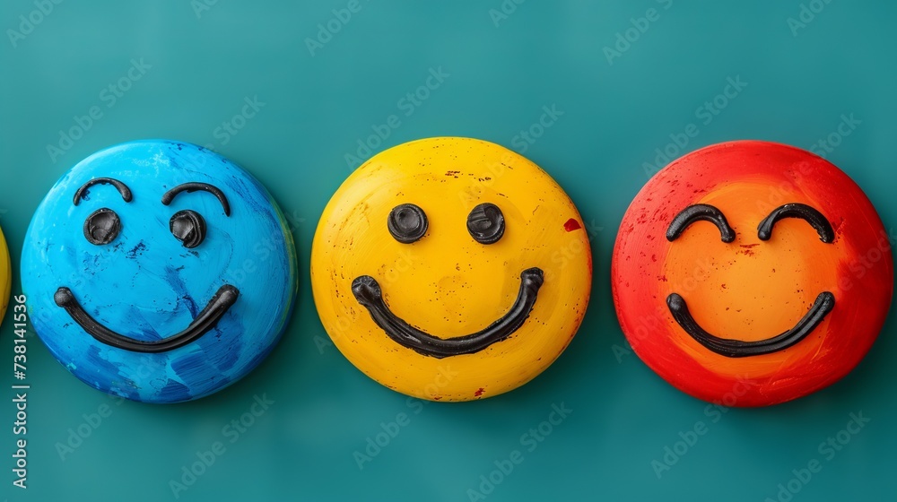 colored smiling emoticons on a plain background, Concept: illustration of positivity and joy colored smiling emoticons on a plain background, Concept: illustration of positivity and joy