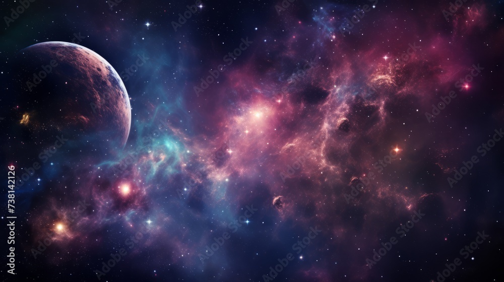 Interstellar space travel through a pink and purple nebula with a planet in the foreground