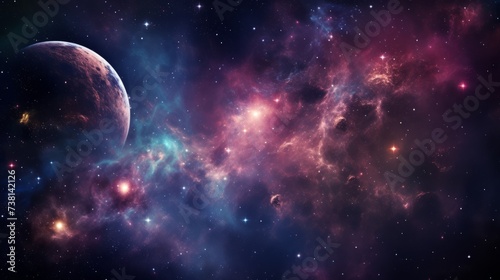 Interstellar space travel through a pink and purple nebula with a planet in the foreground