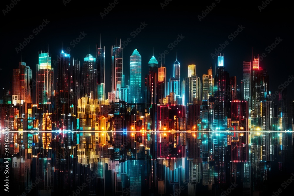 A stunning illustration of a futuristic city at night with skyscrapers and colorful lights reflecting in the water