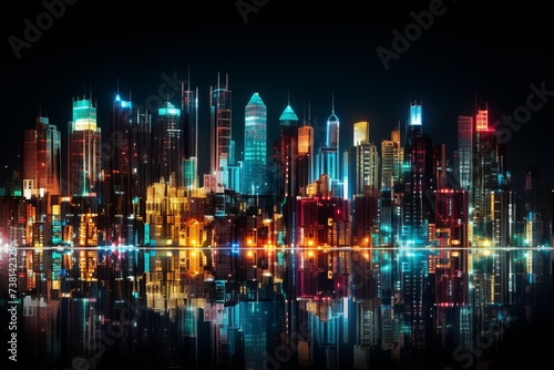 A stunning illustration of a futuristic city at night with skyscrapers and colorful lights reflecting in the water © Adobe Contributor
