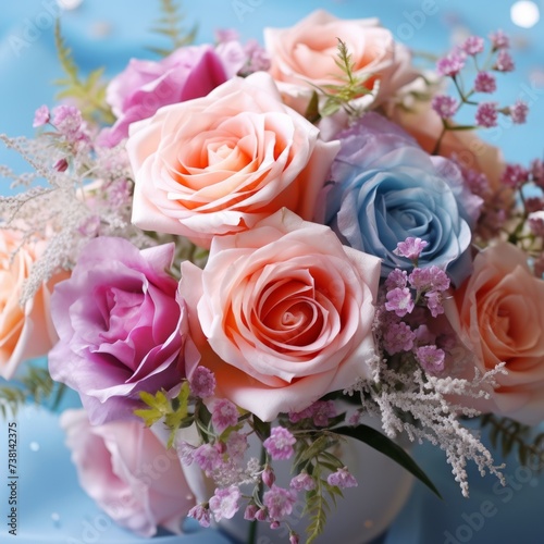 A bouquet of roses in various colors including pink, purple, and blue