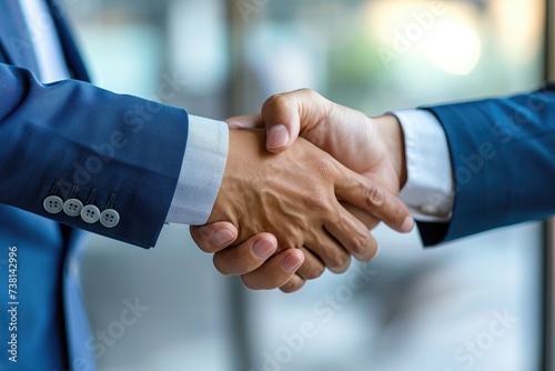 Two individuals engaging in a firm handshake during a professional meeting, Closeup of hands shaking over an accomplished business deal, AI Generated