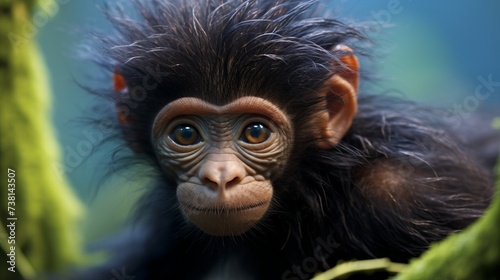A baby chimpanzee with big brown eyes looks at the camera