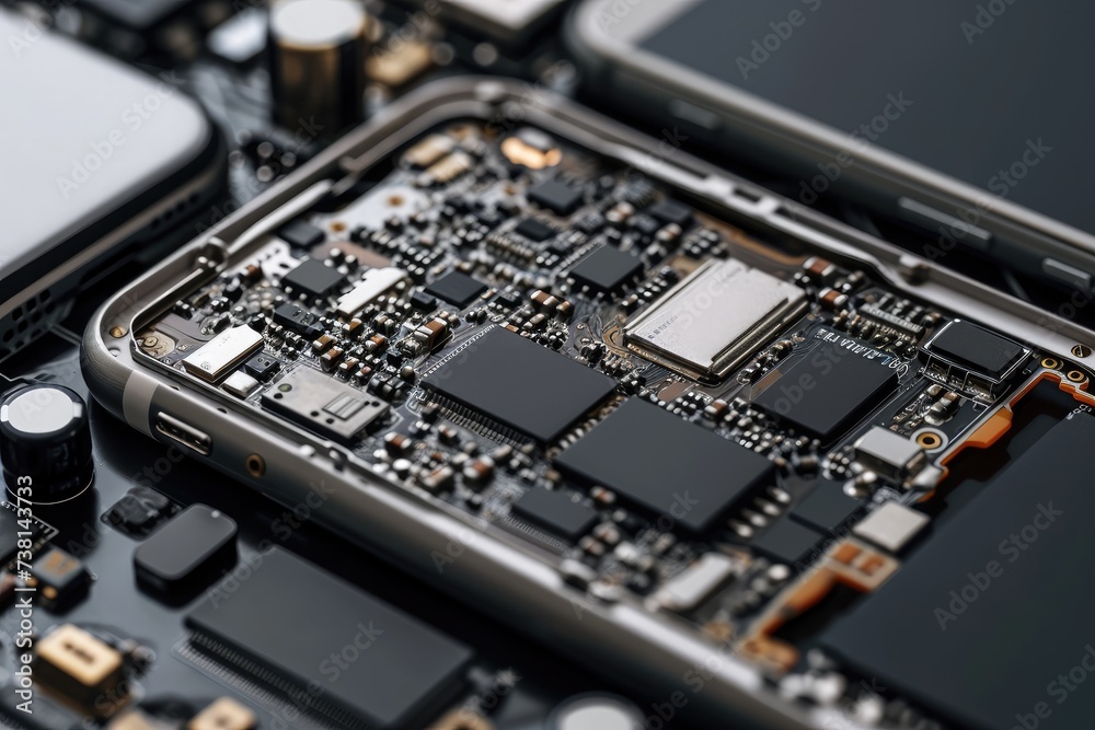A detailed close-up shot of a cell phone showing its various components and parts, Close-up view of a smartphone's inner components, AI Generated A detailed close-up shot of a cell phone showing its various components and parts, Close-up view of a smartphone's inner components, AI Generated
