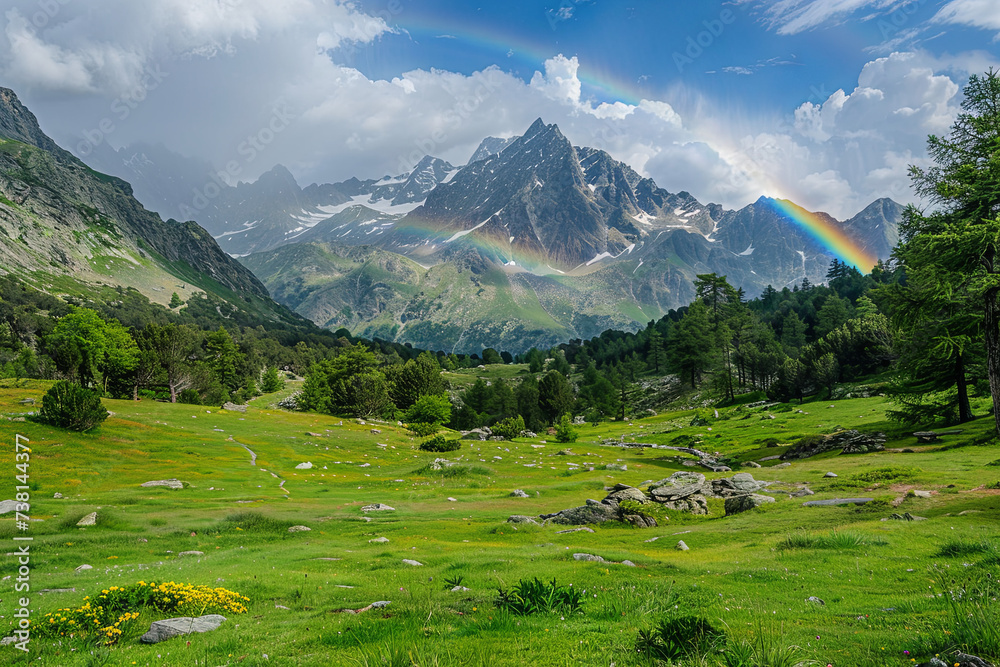 Landscape nature mountan in Alps with rainbow