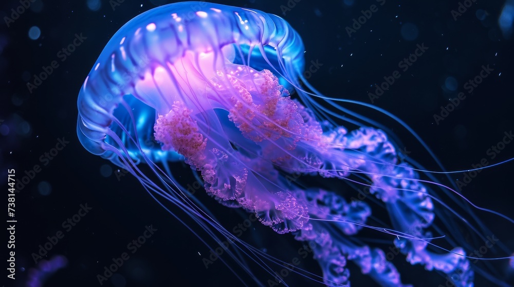 A glowing jellyfish in black water A glowing jellyfish in black water