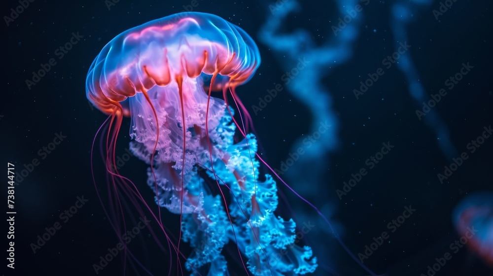 Floating glowing jellyfish in the night water Floating glowing jellyfish in the night water