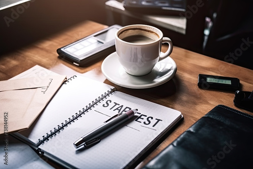 Professional office setting with cup of coffee placed on white saucer neatly atop spiral-bound notebook, alongside office essentials signaling morning start with strategic planning