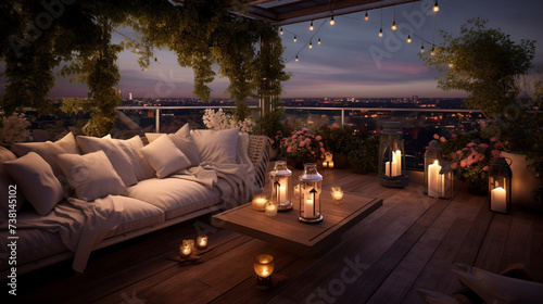  a wide shot of rustic theme decoration of rooftop wedding reception at night with table and cocktail table of jute table cloth