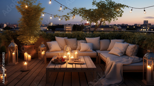 Photo of a cozy outdoor living space with multiple couches and string lights.