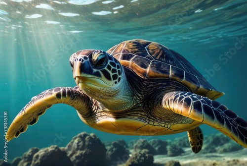 close up portrait of sea turtle swimming in the sea