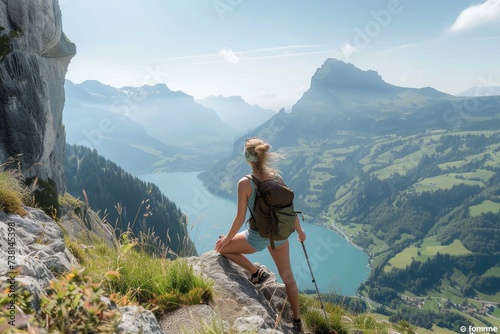 An adventurous woman with a backpack hiking up a steep mountain trail overlooking a stunning valley