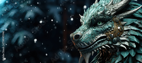 Detailed close-up of vibrant green dragon amidst snowy landscape. © sommersby