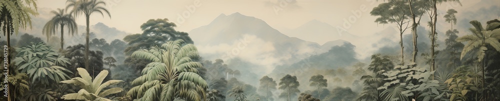 Watercolor pattern wallpaper. Painting of a jungle landscape. - obrazy, fototapety, plakaty 