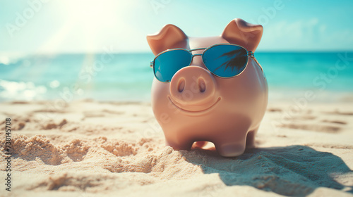 Pink piggy bank in sunglasses against the background of a beautiful sea at sunset. Vacation concept photo