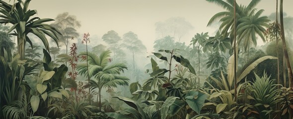 Leinwandbilder Khaki Lush jungle landscape in watercolor style.  © Simon
