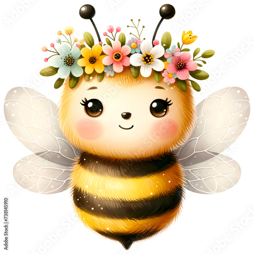 Cute floral bee watercolor clipart with transparent background