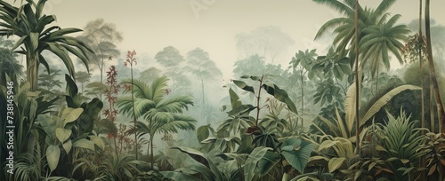 Lush jungle landscape in watercolor style. © Simon