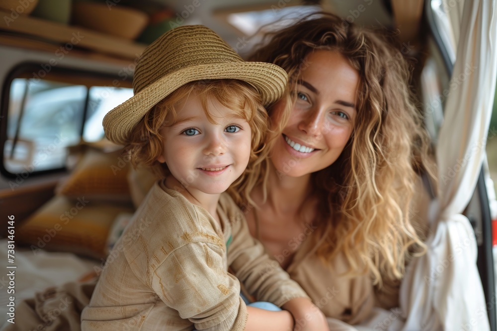 Happy woman and little boy wearing hats in a travel camper
