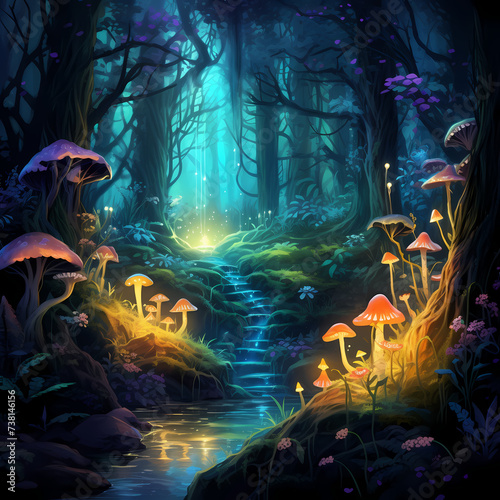 An enchanted forest with magical creatures and glowing plants.