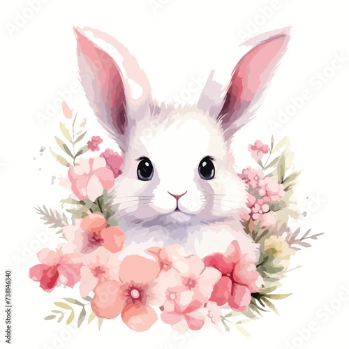 Fluffy bunny among flowers. Its a girl. Watercolor
