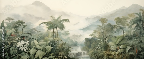 Lush jungle landscape in watercolor style.