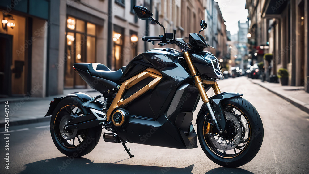 New electric motorcycle with futuristic design on the street in city
