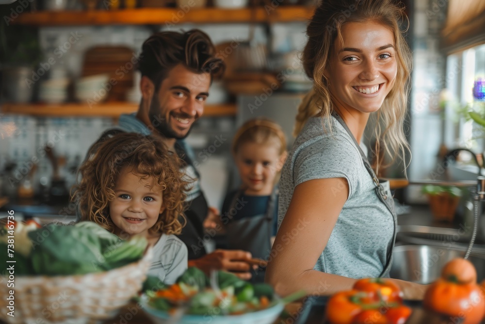 Obraz premium A radiant family shares a cooking activity in the kitchen, surrounded by vibrant vegetables