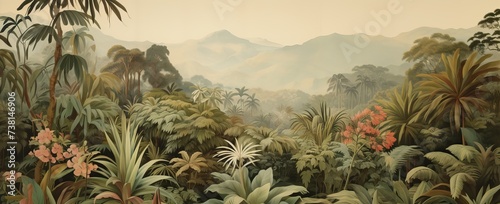 Watercolor pattern wallpaper. Painting of a jungle landscape.