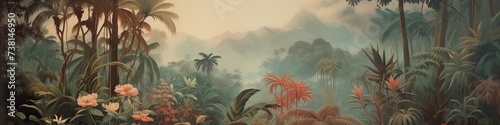 Watercolor pattern wallpaper. Painting of a jungle landscape.