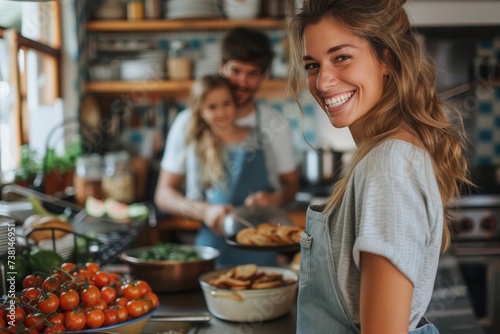 Radiant lady with a captivating smile chopping vegetables in a pleasantly decorated kitchen photo