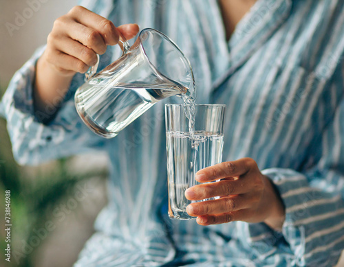 手に持ったコップに水を注ぐパジャマ姿の若い女性 photo