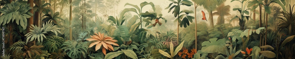 Obraz premium Watercolor pattern wallpaper. Painting of a jungle landscape.